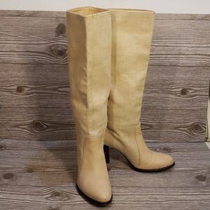 Reiss Beige Leather And Canvas High Heel Knee Length Women Boots Size 39(8)